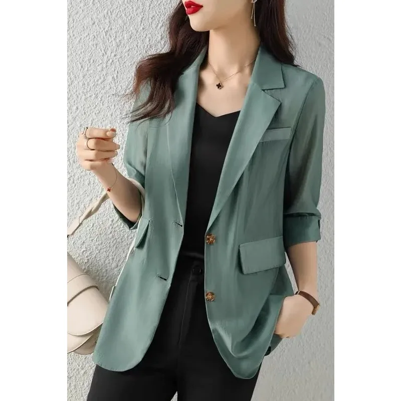 Womens Light Green 3/4 Sleeve Chiffon Blazer Casual Lightweight Office Blazer