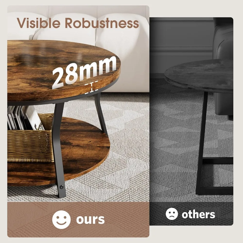 Round Coffee Tables for Living Room, Circle Wood Coffee Table, 2 Tier Industrial Modern Center Table with Thickened Tabletop and