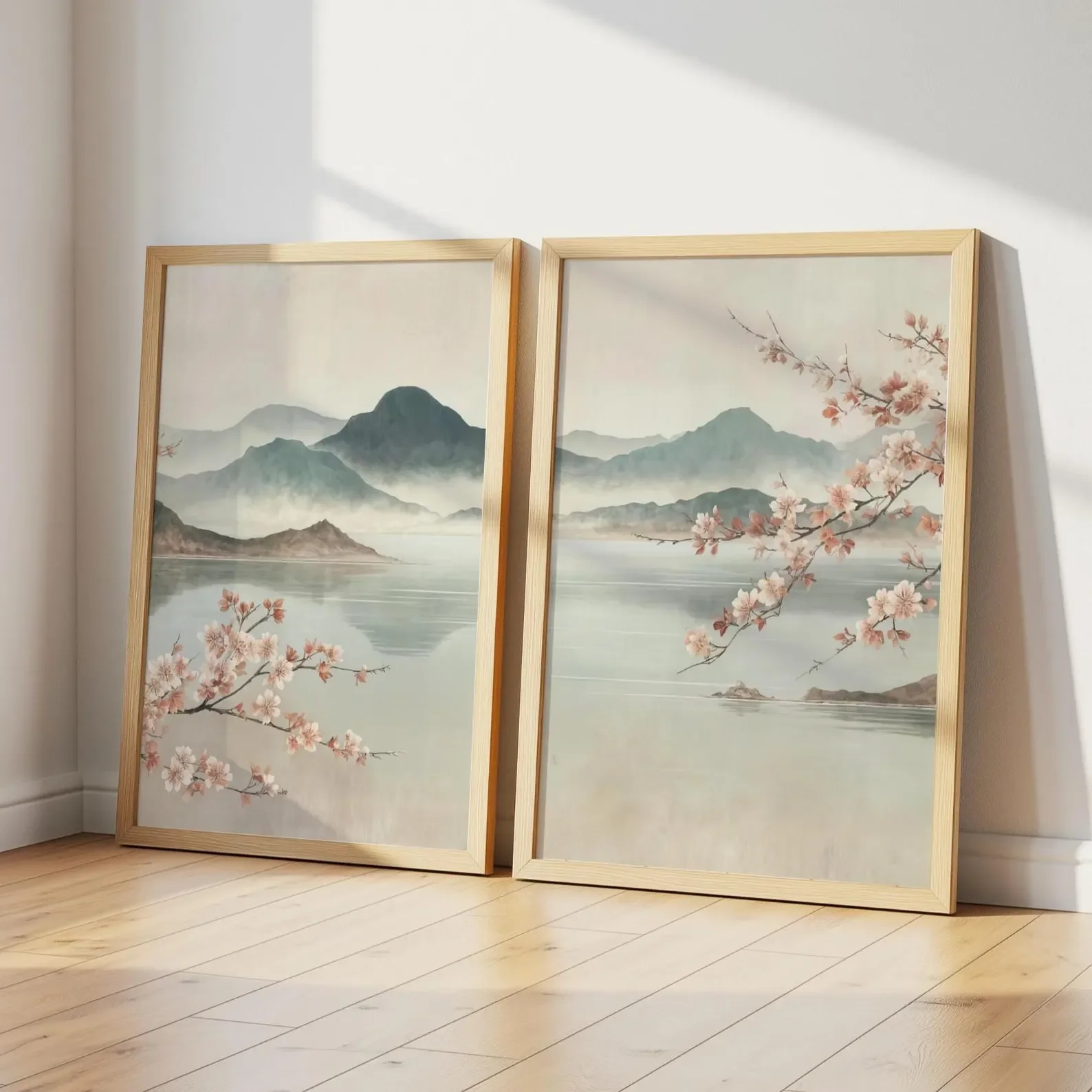 Lot de 2 affiches de fleurs de cerisier japonaises, art mural Japandi, art paysager Sakura, décorations bohèmes pour la maison, tableaux sur toile pour la décoration de chambre