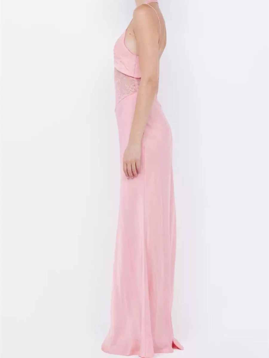 VGH เซ็กซี่ Spliced SHEER ตาข่ายลูกไม้ชุดผู้หญิง Halter แขนยาวเอวสูง Backless Slim ความยาวชั้นชุดหญิง