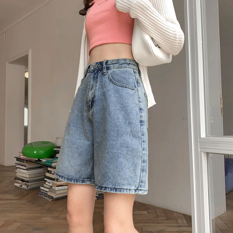 

2025Women Denim Washed Jeans High Waist Jean Spliced Knee Length Pants Wide Leg Jeans Zipper Fly Solid Distressed Pockets Casual