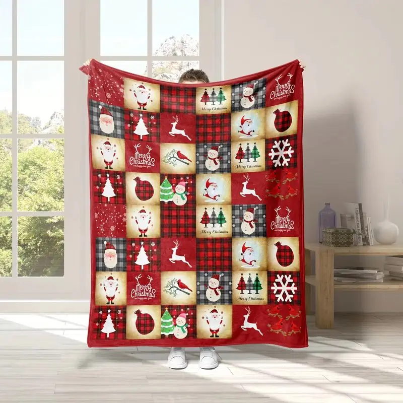 VIKAMA Christmas Throw Blanket Patchwork Santa Snowman Reindeer Cardinal Soft Flannel Fleece Couch Blanket Holiday Home Decor