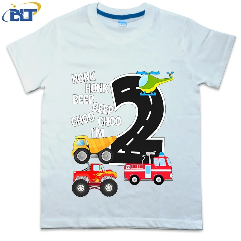 เสื้อยืด2ND วันเกิดพิมพ์ลายรถบรรทุก, เสื้อยืดแขนสั้นผ้าคอตตอนสำหรับวันเกิดอายุ2ขวบของขวัญสำหรับเด็กวัยหัดเดิน