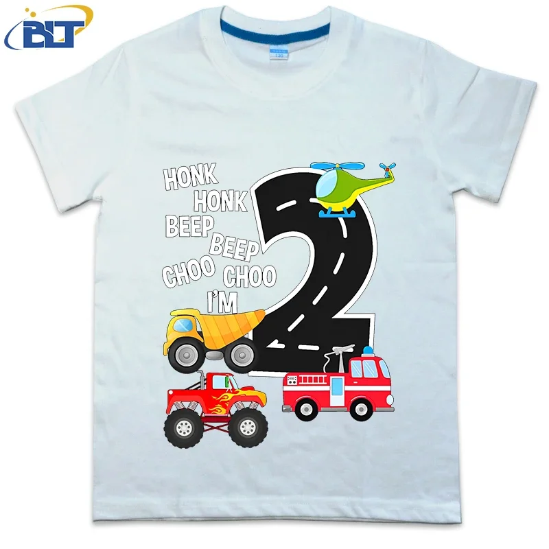 T-shirt à manches courtes en coton pour enfants, camions, fête d'anniversaire, tout-petit, anniversaire d'anniversaire, cadeau pour enfants, 2 ans, été