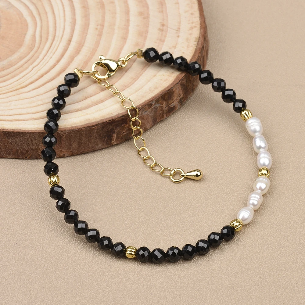 

4MM Nature Stone Bracelet Black Spinel Brass Beads and Freshwater Pearl Bracelet For Men And Women Daily Wear Holiday Gifts