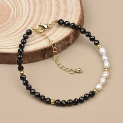 4MM Nature Stone Bracelet Black Spinel Brass Beads and Freshwater Pearl Bracelet For Men And Women Daily Wear Holiday Gifts
