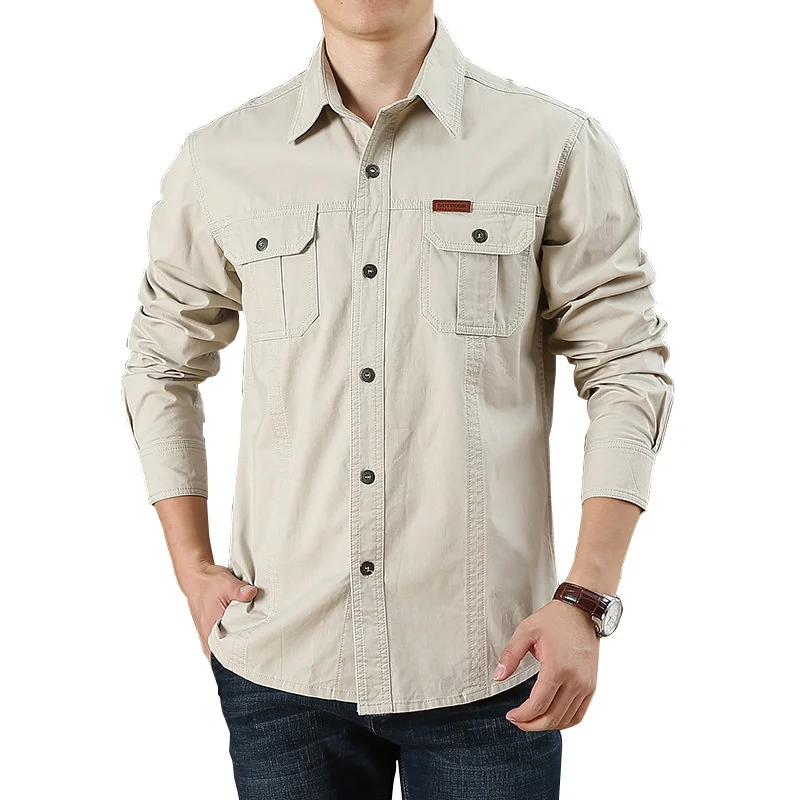 

2024 Men Cargo Work Shirts New Khaki Cotton Military Long Sleeve Casual Dress Ami Kaji American Retro Social 6XL