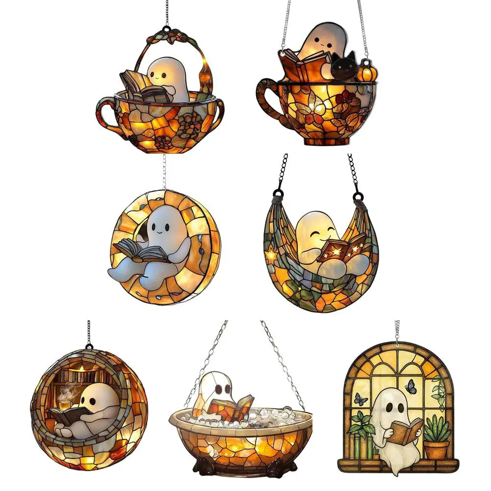 Halloween-Geist-Lesebuch, Acryl, hängende Verzierung, bunte Fensterdekoration für Zuhause, Schlafzimmer, Wohnzimmer, Party-Dekoration