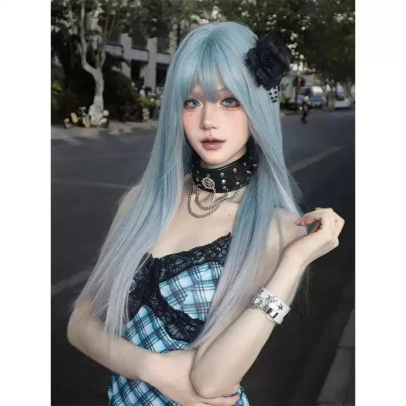 Water‑Blue Long Layered Straight Full‑Head Wig For Women, Synthetic Wig With Fringe Fresh Cool Tone For Club Party Daily Outfits