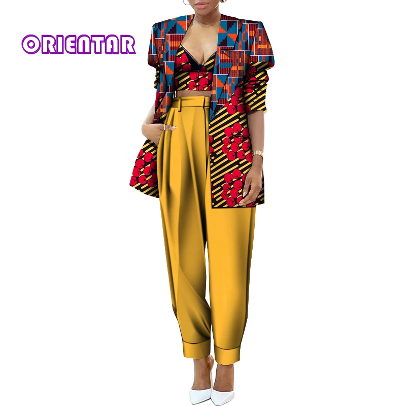 3 Pieces Women Set African Wax Print Crop Tops and Pants Suit 2021 New African Clothes Casual Outfits Africaine Femme WY641