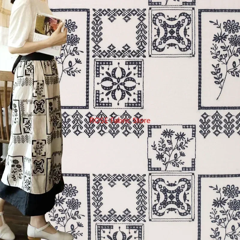 Retro Plant pattern embroidery Pure Cotton Fabric, Women's Dress, Luggage, Pillow, Hand-made Decorative Fabric