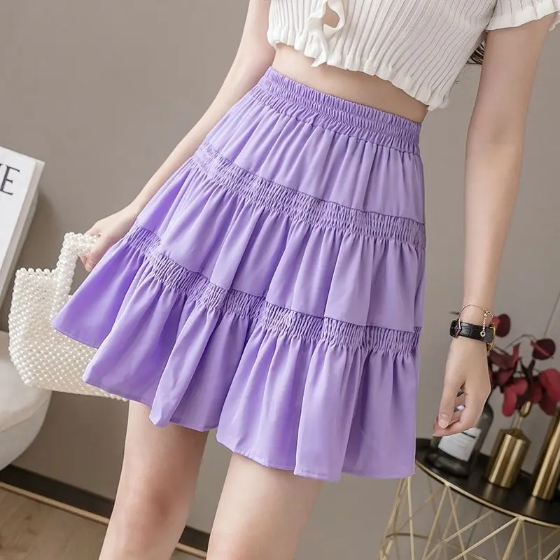 Fashion Elastic High Waist Spliced Korean Pleated Skirts Female Clothing 2024 Summer New Loose Solid Color Casual Skirts