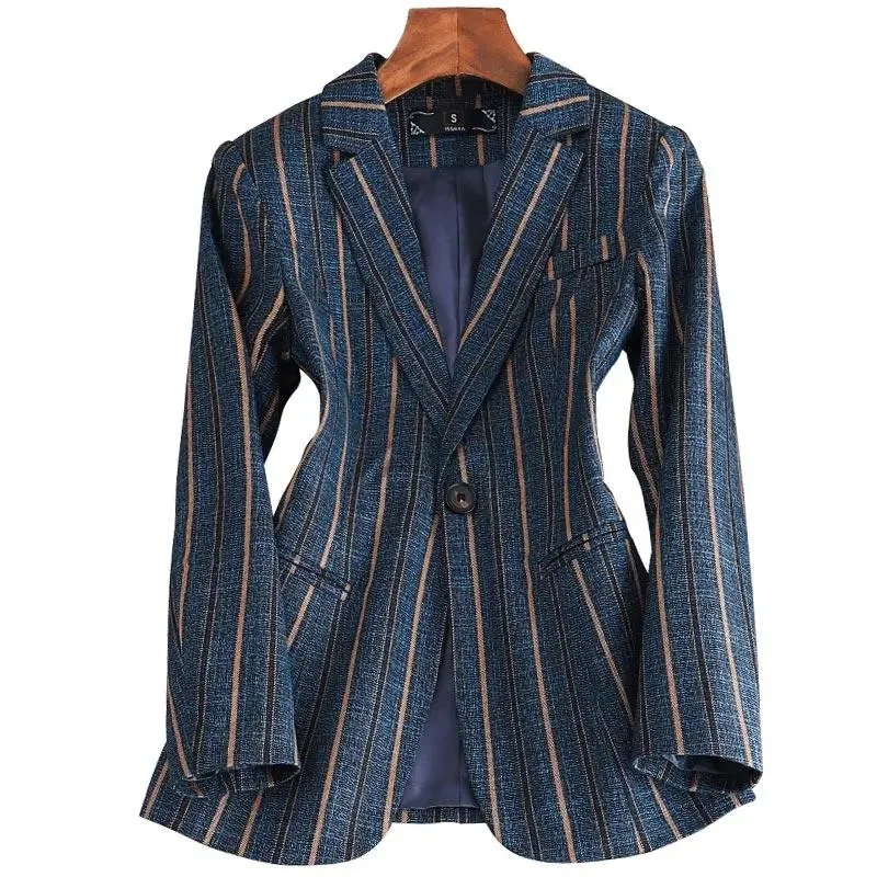 Women Striped Blazers Spring Autumn Coat 2023New Korean British Style Vintage Casual High-Grade Small Suit Jacket Lady Outerwear