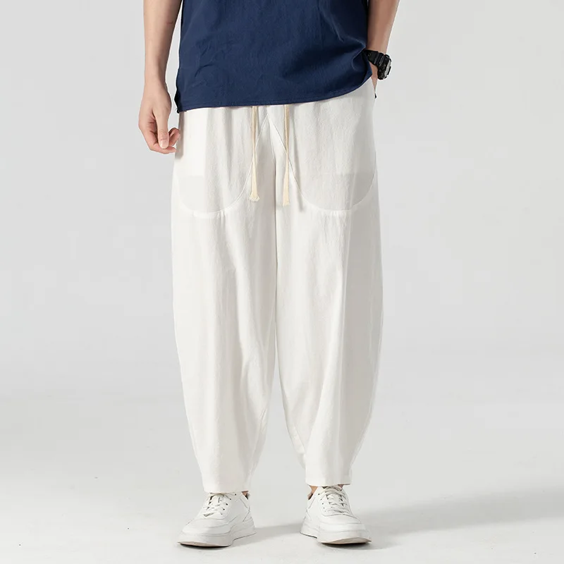 

Summer Large Size Men's Loose Lantern Pants White Knot Casual Pants Nine Points Rutabaga Pants Dra Wide Leg Pants