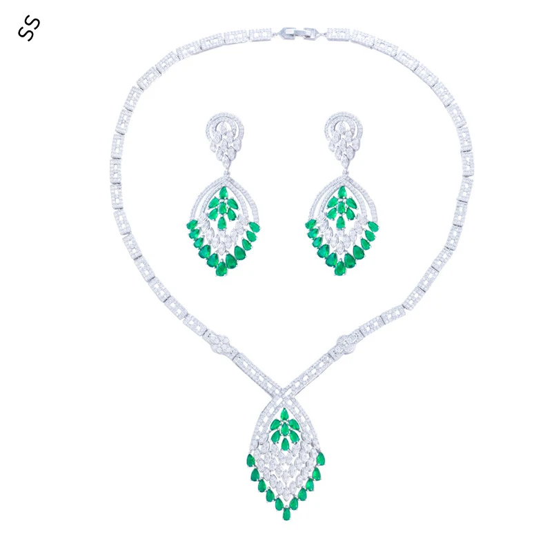 Fashion Luxury Women's Jewelry Sets Necklace Earring Hand Inlaid Colored Gemstone Green White Zircon Party Dresses Accessories