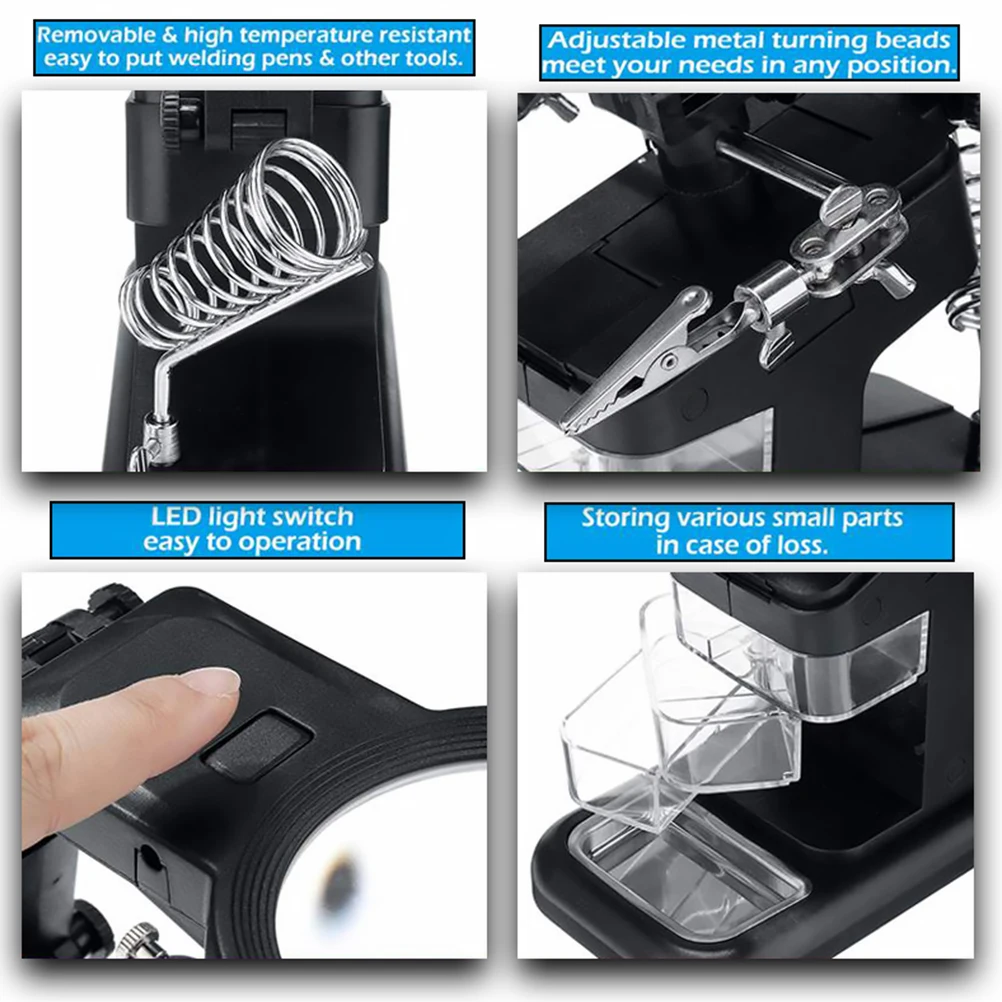 

10LED WeldingTableTool MagnifierStation FullyAdjustable HelpingHands AlligatorClips IronHolder MetalTray 3ToolsBoxes