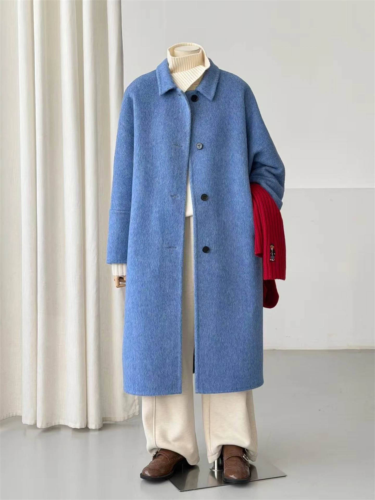 Blue Woolen Double-Faced Velvet Casual Mid-Length Coat Women's Turn-down Collar Single-Button High-End Feel Outerwear Winter