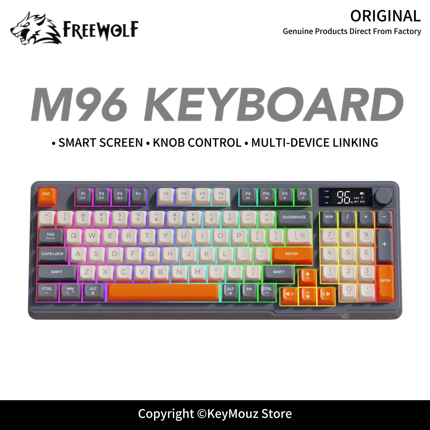 FREEWOLF M96 Tri-Mode Wireless Gaming Keyboard with Smart Display 2000mAh Battery PBT Keycaps RGB Backlit for Desktop Laptop