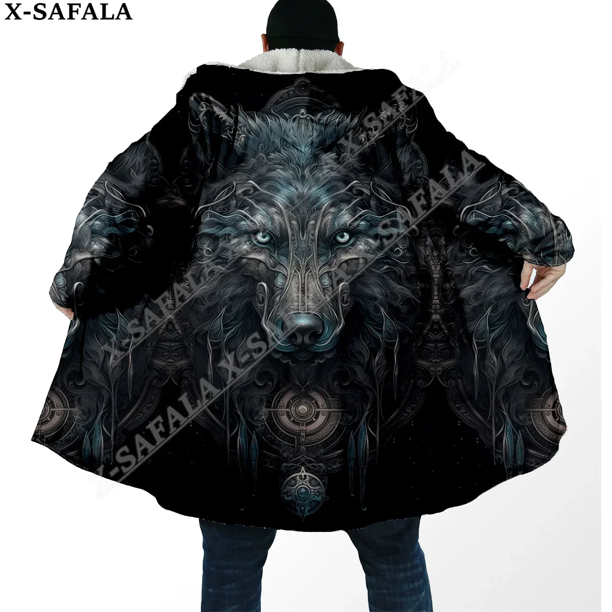 

Tattoo Viking Wolf King 3D Print Dream Cloak Thick Warm Hooded Men Overcoat Coat Windproof Fleece Cape Robe Blanket-8