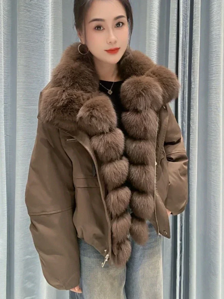 OFTBUY Daunenjacke mit Naturfell für Damen, warme, lässige Winterjacke mit Fellkragen und Reißverschluss, Damen-Daunenparka – Detail 9