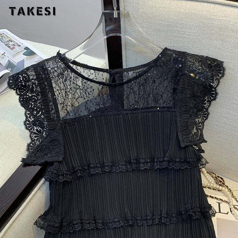 2023 Summer Vintage Off Shoulder O-neck Black Lace Mid Long Dresses Women\'s Elegant Classic Office Lady A-Line Tierred Dress