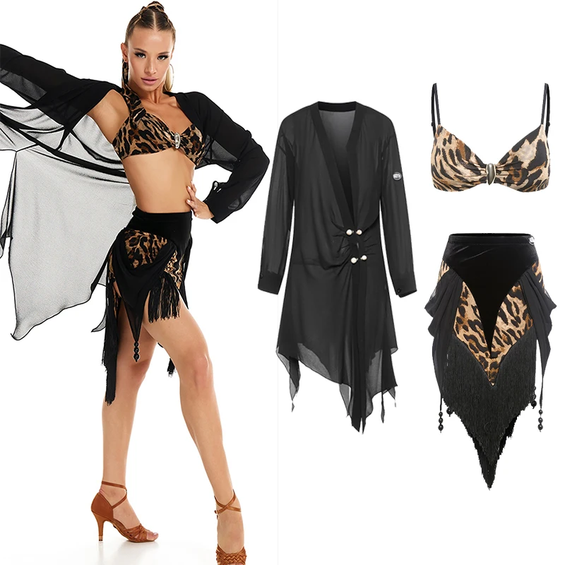 새로운 DUYQ 여성 블랙 라틴 댄스 공연 의상 작업복 탑 레오파드 프린트 Tassels 스커트 Chacha Rumba Dancing Wear DN21453