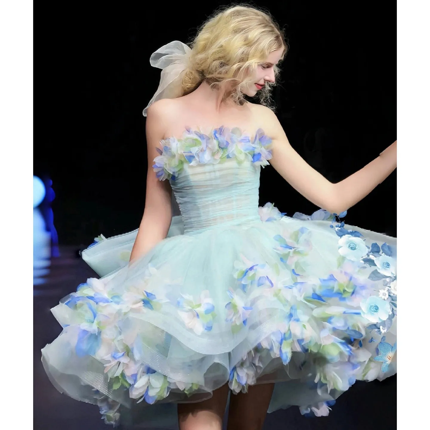 

L&P DQL Studio Mint Homecoming Dresses Party Gown Green 3D Floral Butterfly Strapless Mini Ball Gown Back Bow High Low Tulle