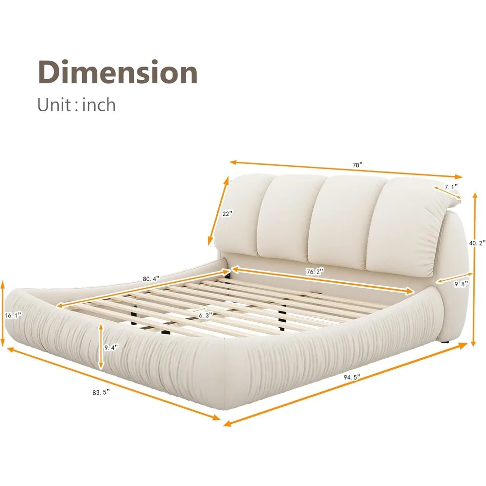 Cama de plataforma tamaño King con cabecero acolchado relleno, cama nube tapizada de piel sintética con estructura de madera maciza, sin chirrido, color beige