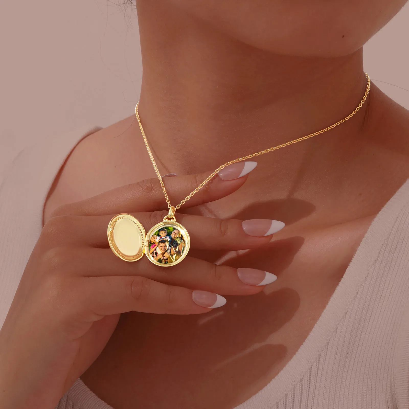 Custom Oval Locket Pendant Necklace for Women, Zirconia Openable Personalized Photo with Text Jewelry