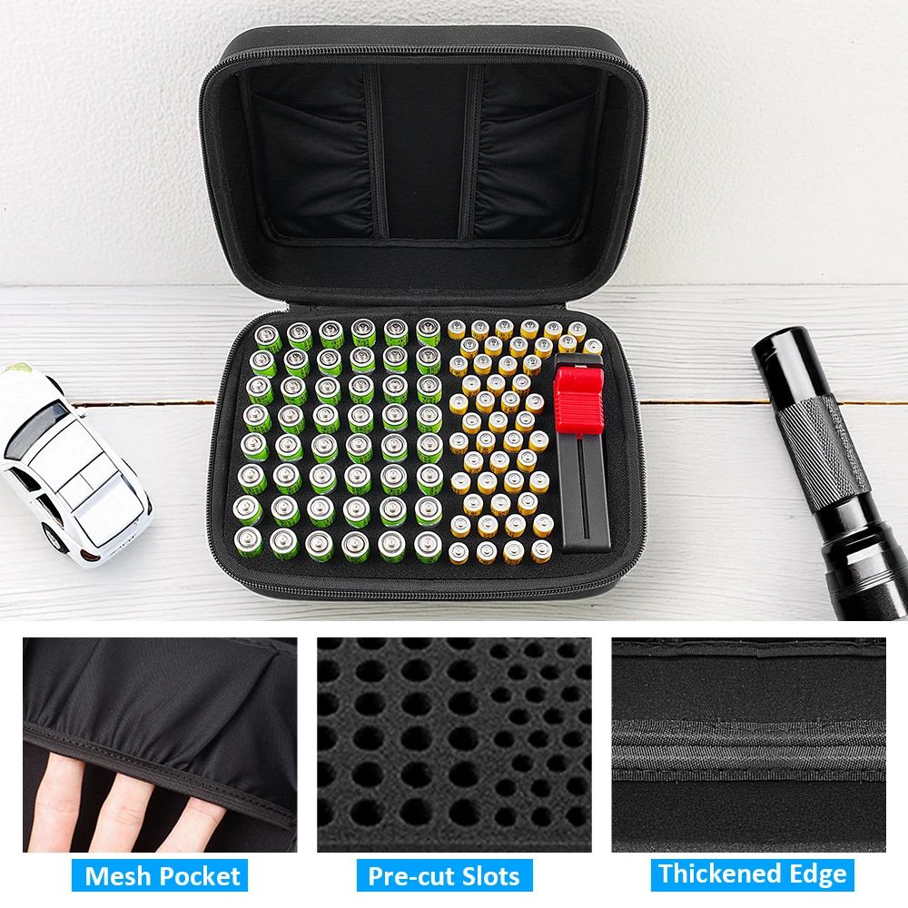 Battery Storage Organizer Case – Holds 96 Batteries (48 AA & 48 AAA) with Built-in Tester, Plus 2 Extra Pockets for Accessories