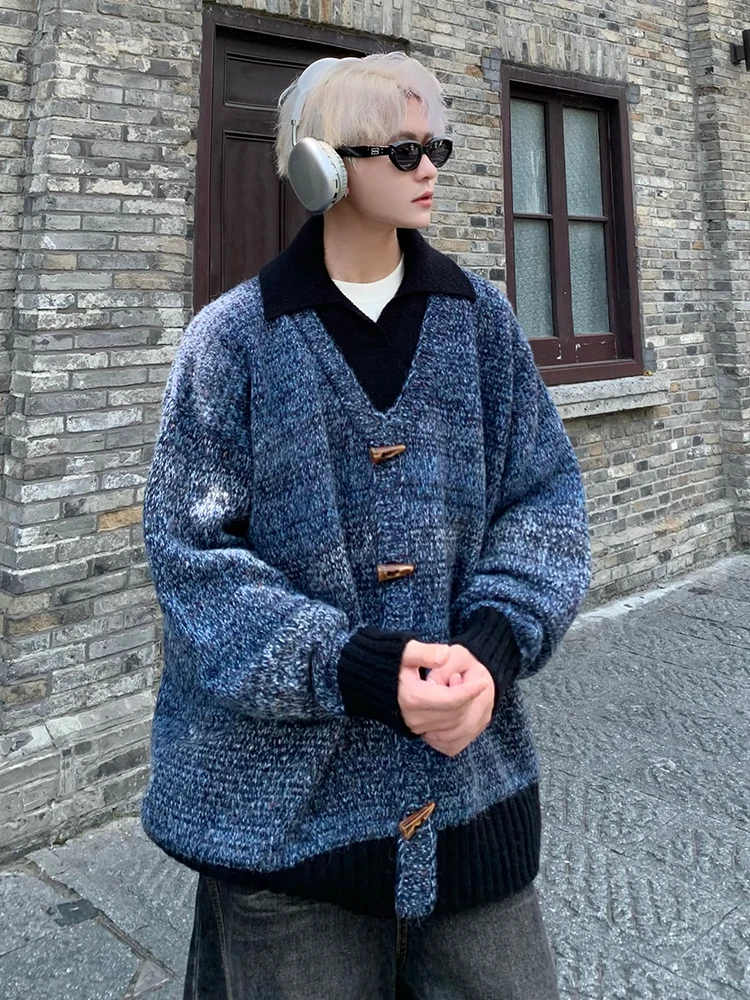 

Cleanfit Men's Knitted Sweater with Button Design Fake Two-Piece Style Comfortable Loose Fit for Autumn Season V-Neck Pure Color