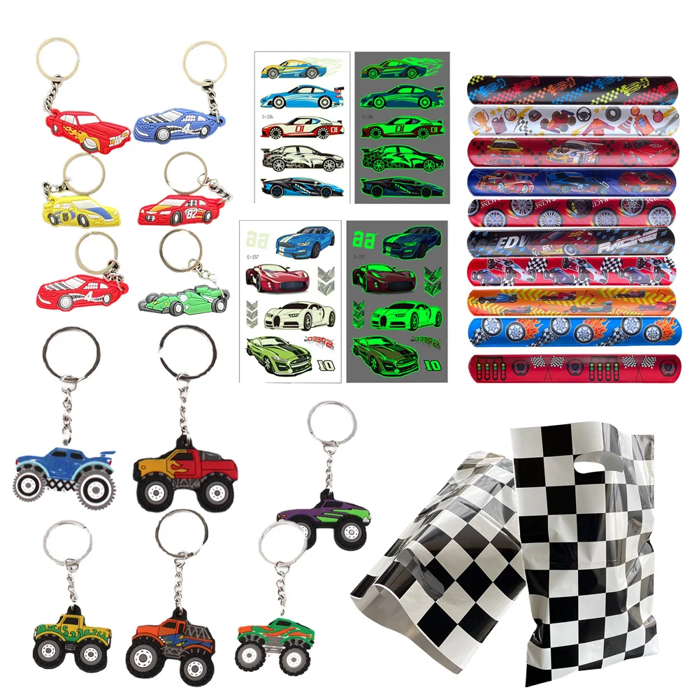 

Race Car Party Favors Keychains Slap Bracelet Stickers Goody Treat Candy Bags Kids Birthday Party Classroom Reward