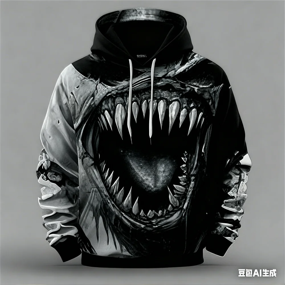 3D Print Horror Beast Graphic Men's Hoodies Fashion Cool Long Sleeve Hooded Sweatshirt Loose Creative Personality Design Clothes