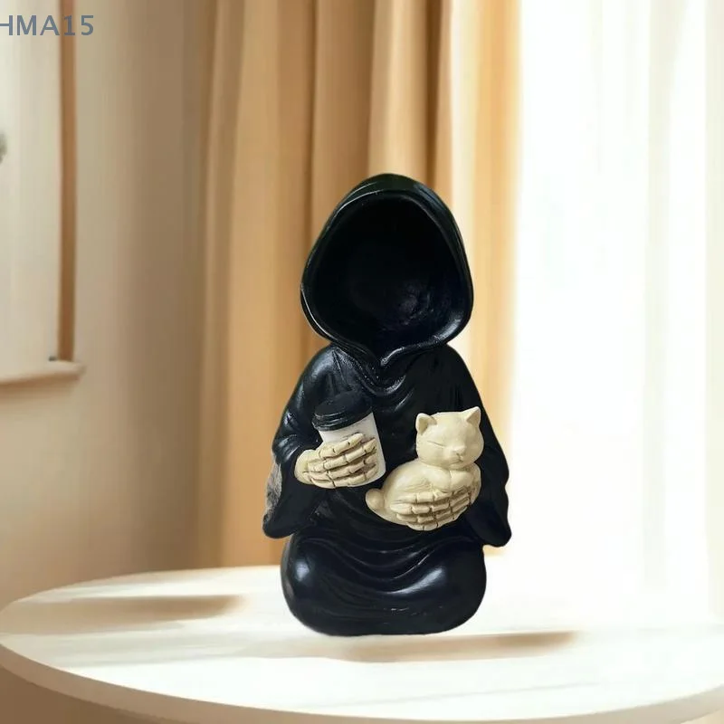 Condolence Coffee Cup Bearing Reaper Sculpture with Emotional Support Cat