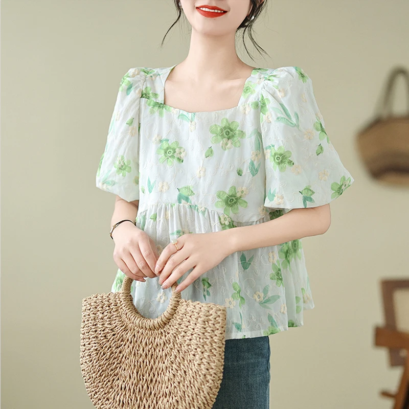 Women Stylish Floral Print Sweet Kawaii Blouse 2024 Summer Square Collar Embroidery Shirts Short Sleeve Loose Tops Casual Blusas