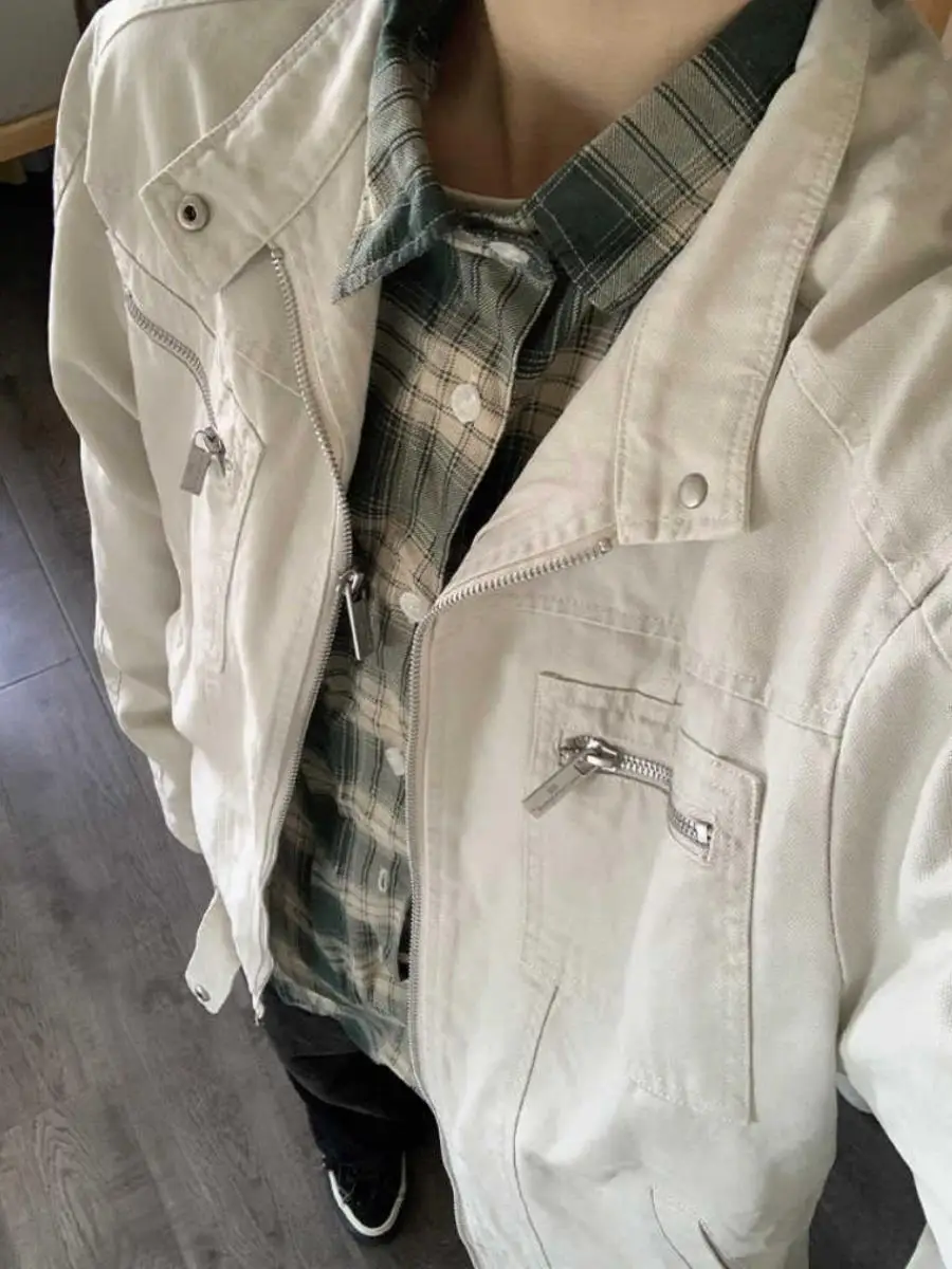 

Retro American Cleanfit Work Jaet with Multiple kets Stand Collar ex Spring Autumn Trendy Versatile Couple Outerwear