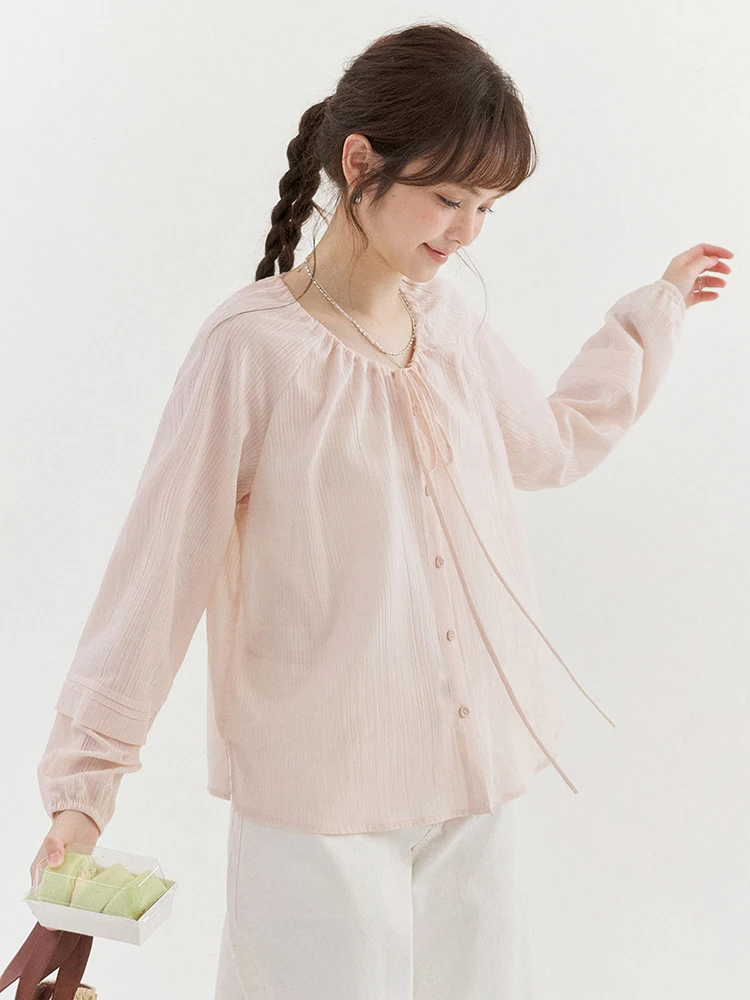 AMUU Original Pink Drawstring Cotton Long Sleeve Shirt Women Summer New Style Thin Button up Top Breathable Comfortable Korea...