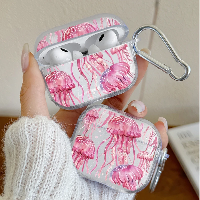 

Cute Pink Watercolor Jellyfish Earbuds Case for AirPods Pro 3/Pro 2/Pro Earphone Case For AirPods 4/3/2/1 Clear Protective Cover