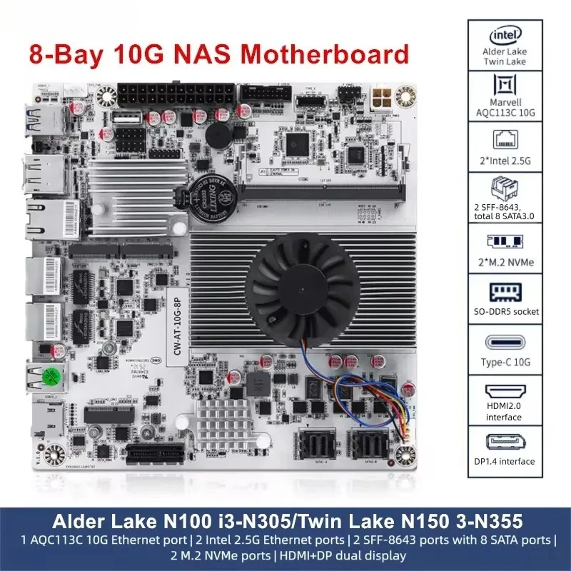 Материнская плата CWWK Intel N150 N100 i3-N305 с 8 отсеками 10G NAS 1*10G 2*2.5G 2*NVMe 2*SFF-8643 до 8*SATA PCIex1 Type-C