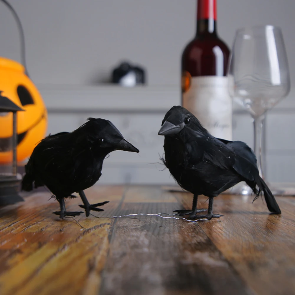 Figurines de bureau de corbeaux d'halloween, corbeaux à plumes noires multifonctions, atmosphère Festive, accessoires de décoration de maison hantée réalistes
