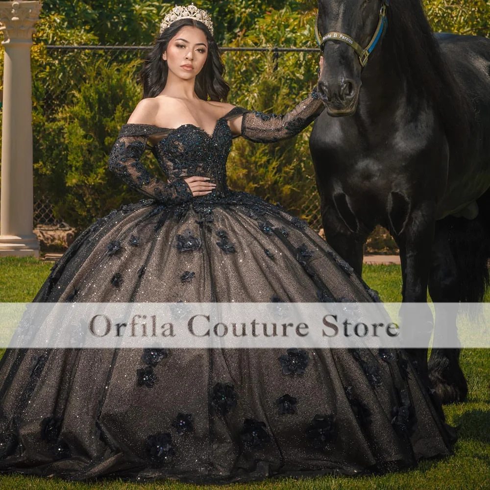 Black vestidos de 15 anos Quinceanera Dresses Long Sleeves Floral Flowers Girl Sweet 16 Charro Mexican Birthday Wear