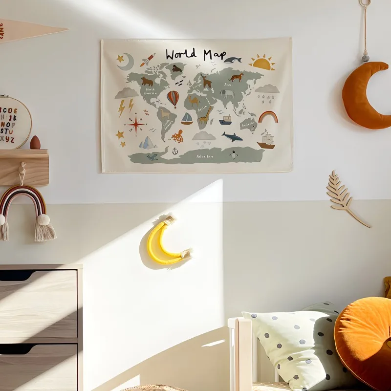 INS Nordic Style World Map Canvas Wall Hanging Children's Room Wall Decoration Children's Photography Props