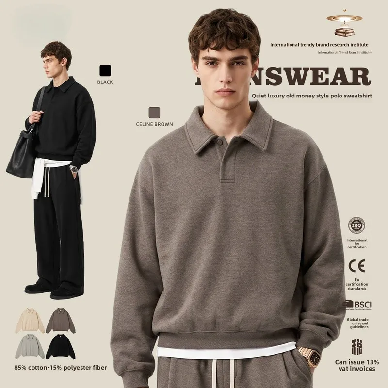 QICHE Men American Street Vintage Heather Yarn Half Zip Collared Polo Sweatshirt Heavyweight Loose Long Sleeve Top For Autumn