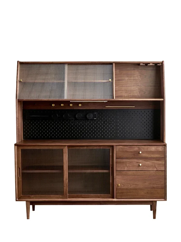 

052 yj15 Sideboard Cabinet Solid Wood Integrated Nordic Wall Storage High Glass Cabinet Storage Black Walnut