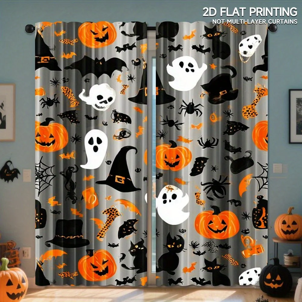 Halloween Pumpkin Curtain, Cute Ghost Bat Window Drape, Spooky Party Blackout Panel, Kids Bedroom Living Room Decor