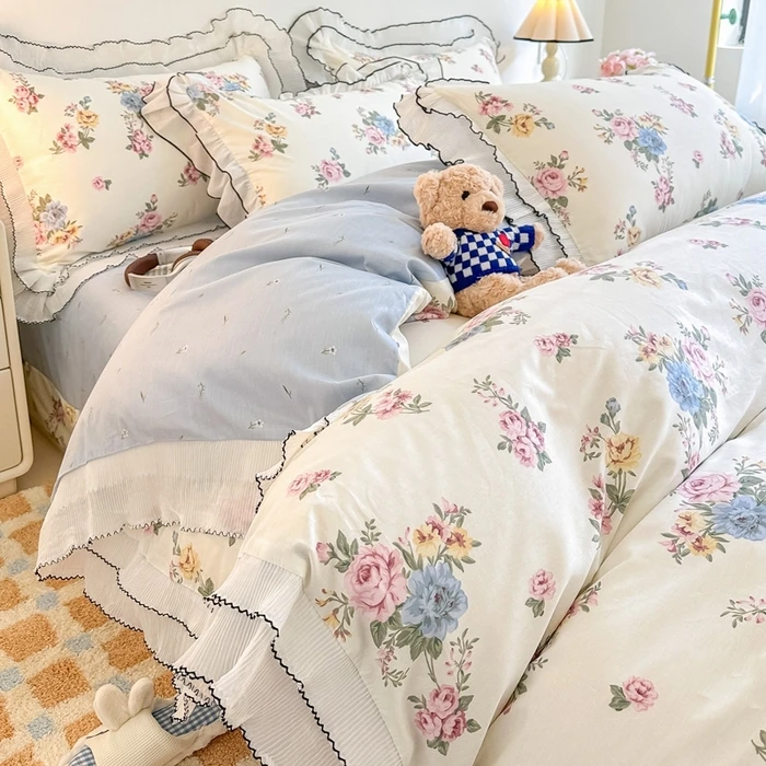 

Ins Princess Style Bedding Sets Ruffle Lace Bow Quilt Cover Romantic Bedclothes Decor Woman Girls Bedroom Duvet Cover 4pcs 2025