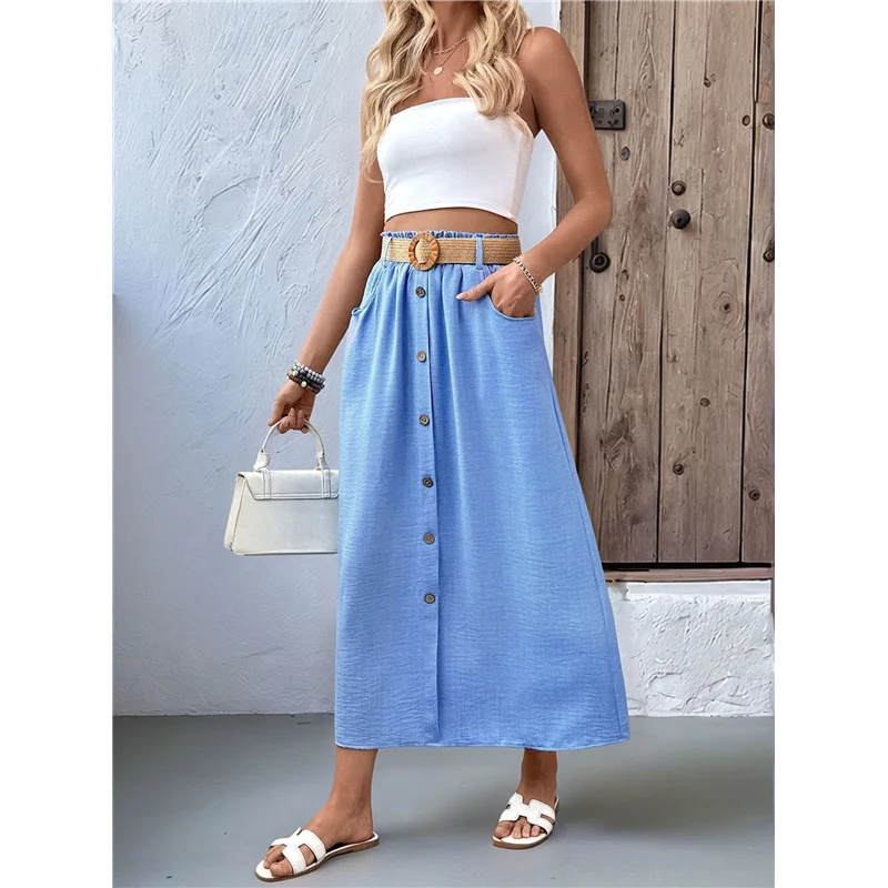 ABRT-Gonna da donna con bottoni a vita alta e cintura a trapezio con tasche