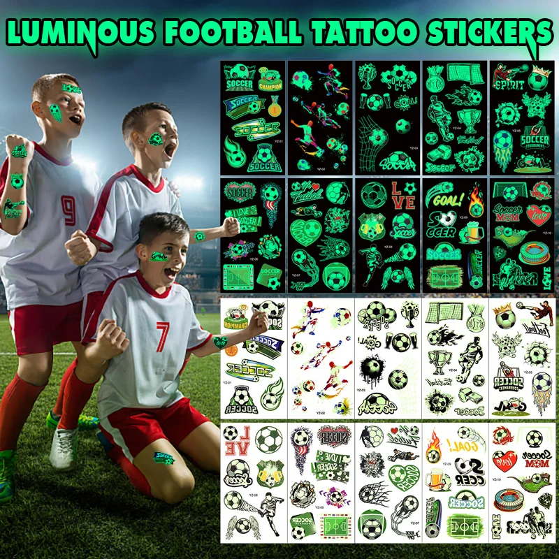 10pcs Soccer Luminous Temporary Tattoos Face Stickers Football Party Glowing Sticker Kids Boys Happy Soccer Birthday Party Decor