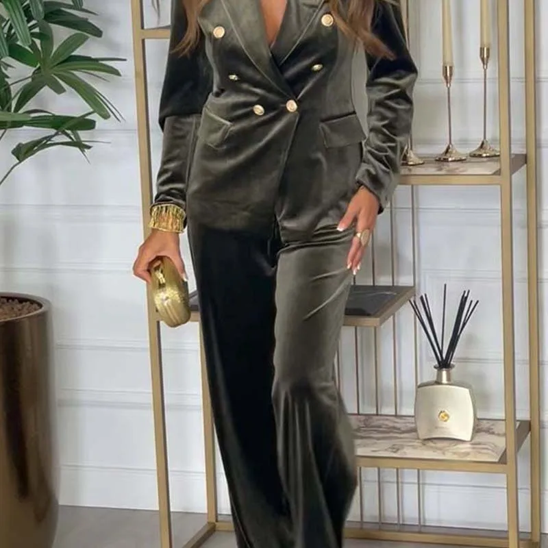 مزدوجة الصدر بدلة مخملية بنطلون قطعتين جديد الخريف الشتاء المرأة موضة بنطلون دعوى المرأة بدلة رياضية بانت مجموعات
