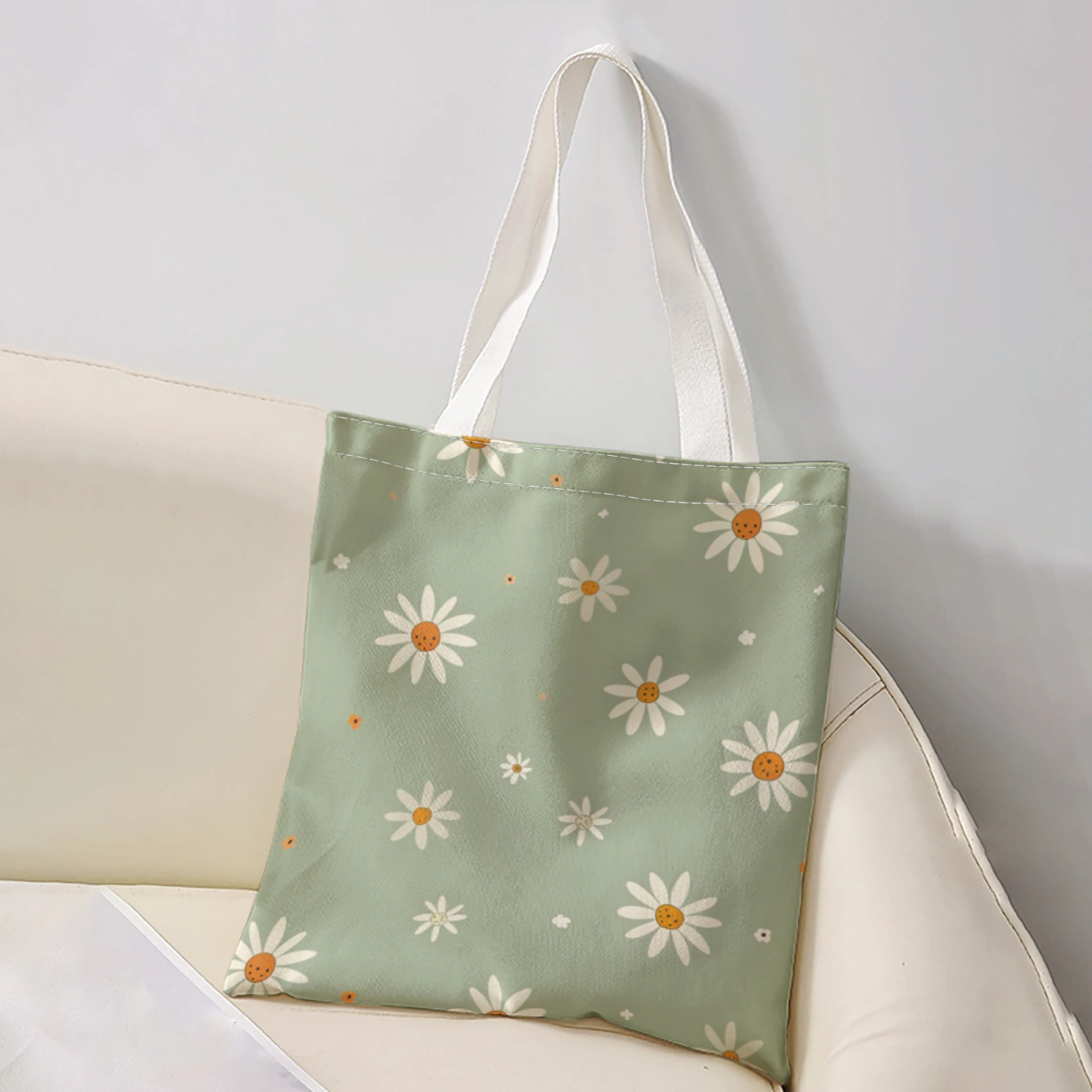 Light Green Daisy Floral Print Tote Bag Large Capacity Shoulder Bag For Shopping Travel Daily Use